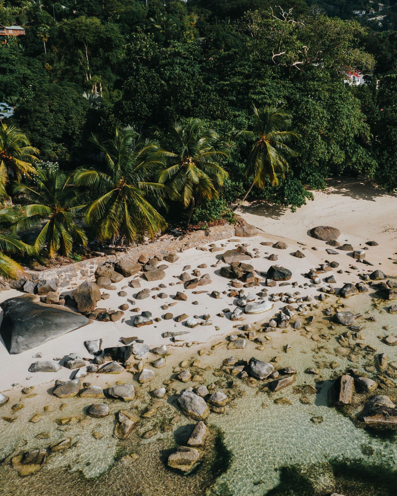 Rotsig strand op de Seychellen van bovenaf