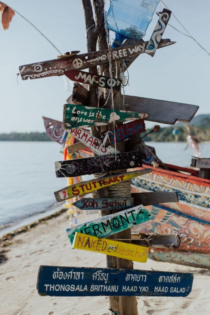 Wegwijzers op het strand van Koh Phangan