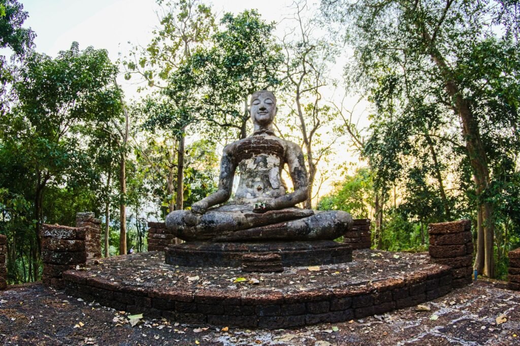 Zittende boeddha tussen het groen in Sukhothai