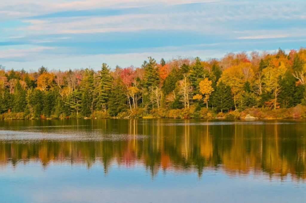 Herfstkleuren aan een meer in Vermont