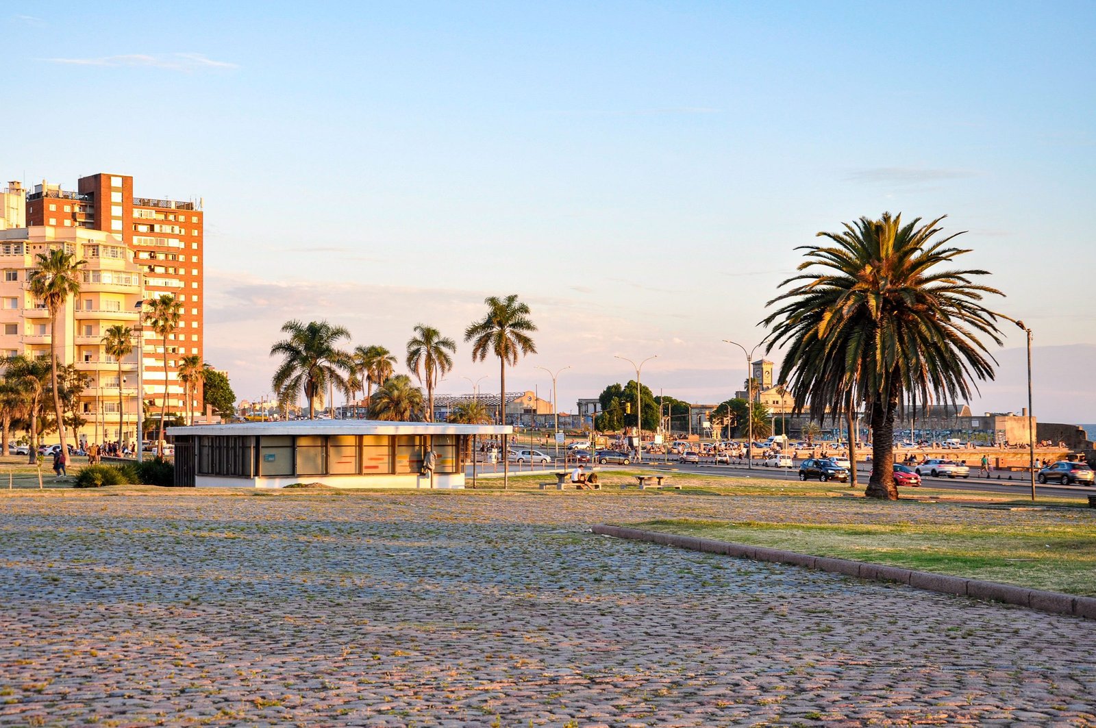 De Rambla van Montevideo met palmbomen in de avond